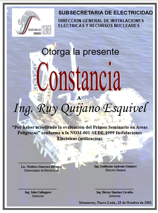 Constancia de acreditación de evaluación del seminario de Áreas Peligrosas