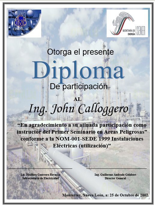 Diploma de John M. Caloggero, Primer Seminario en Áreas Peligrosas, 2002