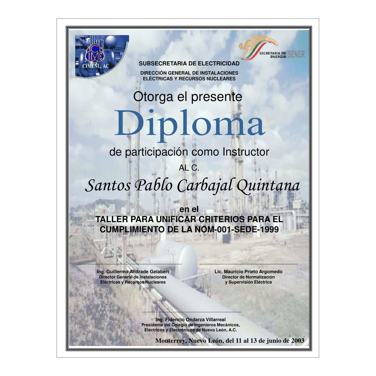 Diploma de instructor del Taller para unificar criterios, junio de 2003